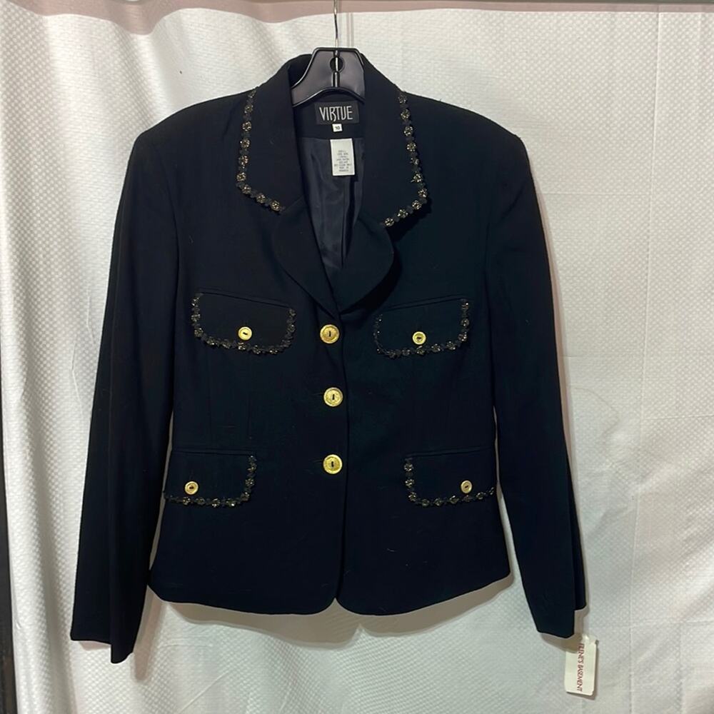 Virtue 10 black wool gold button’s & trim 💯wool lined shaped jacket vintage nwt